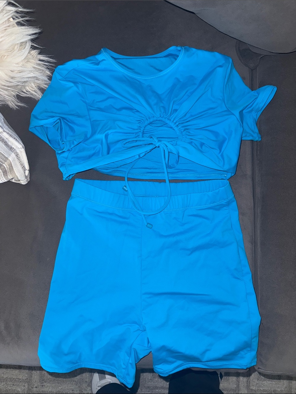 SKIMS Electric Blue Drawstring Crop Top & Skirted Shorts Set